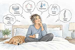 Illustration of a woman considering sleep position, firmness, pressure points, temperature, partner needs and mattress support