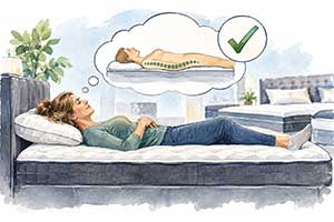 Woman testing a mattress for comfortable spinal support and alignment
