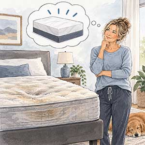 Illustration of a woman considering replacing a worn, sagging mattress with a new mattress